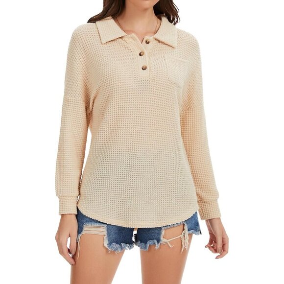 Womens Waffle Knit V-Neck Long Sleeve Button Top Casual Office Style - Picture 4 of 7